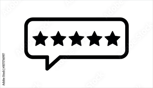 Black speech bubble with five black stars rating review feedback on white background.