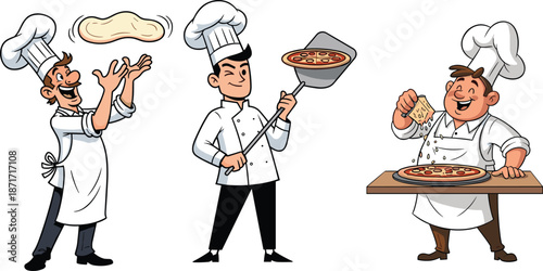 Cartoon illustration of happy pizza chefs preparing delicious pizza with dough tossing, baking, and cheese grating in professional kitchen scene.Cartoon illustration of 