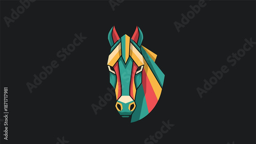 Colorful geometric horse head illustration on a dark background, artistic design.