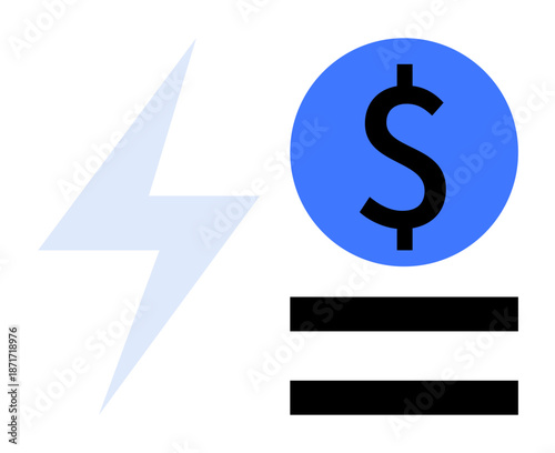 Lightning bolt adjacent to a dollar sign over two horizontal bars. Ideal for energy pricing, financial analysis, cost efficiency, renewable energy, monetization, sustainability, simple flat metaphor