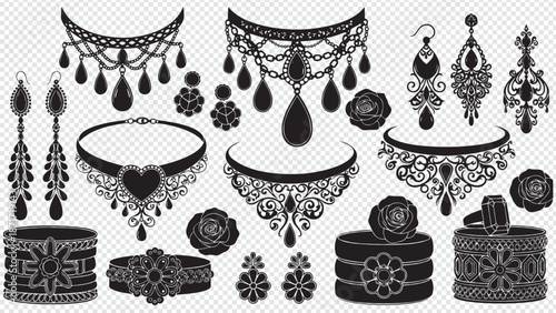 black ornate jewelry set with flowers and gems