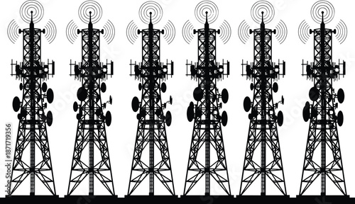 Telecommunication tower silhouettes with signal waves, cellular network antennas, wireless communication infrastructure technology concept isolated on white background