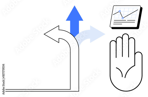 Forked arrow symbolizing direction choice, a chart for data-driven decisions, and a hand gesture for caution. Ideal for decision-making, analysis, cautionary steps, risk management, planning