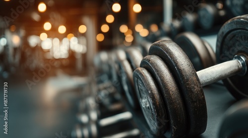 Gym interior with dumbbells rack, weights, blurred background, fitness center atmosphere, workout motivation concept 