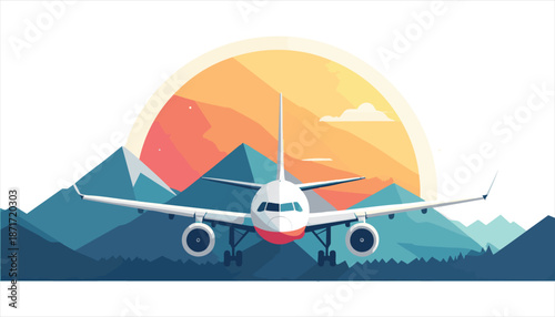 vector Airplane Flying Over Mountains at Sunset