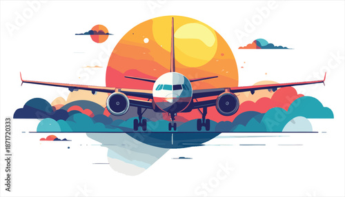 Airplane Flying Towards Sunset Illustration