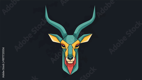 Geometric Antelope Head Illustration with Teal Horns and Colorful Details.