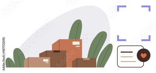 Delivery services, online shopping, logistics management, warehousing, eco-friendly packaging, business operations. Pile of boxes with leaves and a digital tracking icon. Delivery services