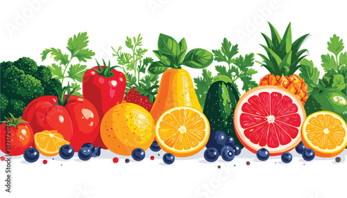vector Assorted Fresh Fruits and Vegetables Arrangement