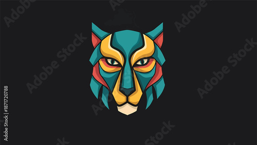 Geometric wolf head illustration with vibrant colors and striking details on black background.
