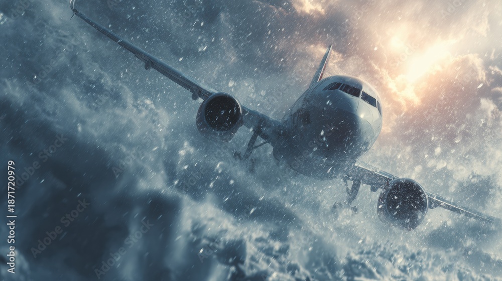 Fototapeta premium Emergency landing of aircraft amidst severe storm conditions sky digital art dramatic high angle aviation challenges