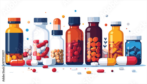 vector Assorted Medications and Pills in Bottles