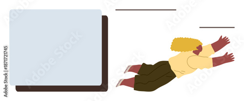 Ambition, creativity, opportunity, movement, digital content, modern design. A person reaching out near a minimalistic blank screen. Ambition and creativity concept with modern design elements