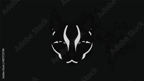 Minimalist panther face silhouette on black background, artistic design concept.