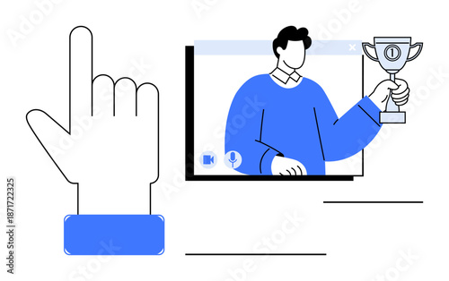 Hand pointing upward near a participant in an online video call holding a trophy. Ideal for themes thumbs up virtual celebrations, digital communication, teamwork, remote work, achievement