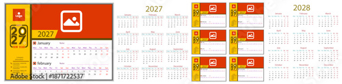 2027 and 2028 Year English Vector Calendar Template Design with Editable Font. Weak Starting from Monday to Sunday Layout Design of 2027 and 2028 Calendar 