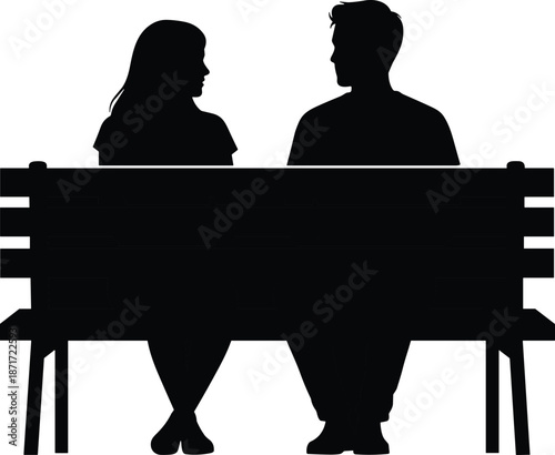 Silhouette of a young couple sitting on a wooden park bench isolated on white background, romantic date and conversation vector illustration.