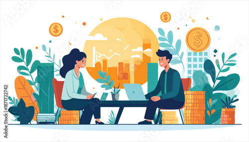 vector Business Professionals Discussing Financial Growth Together