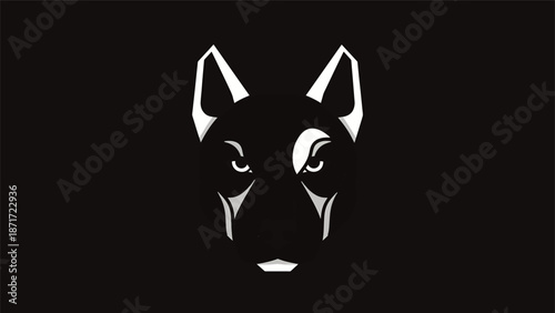 Intense black and white dog face illustration, focused gaze, sharp features, strong presence.