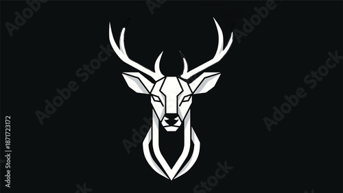 Geometric deer head illustration on black background, minimalist design.