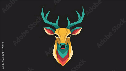 Geometric deer head illustration with vibrant colors and artistic design on dark background.