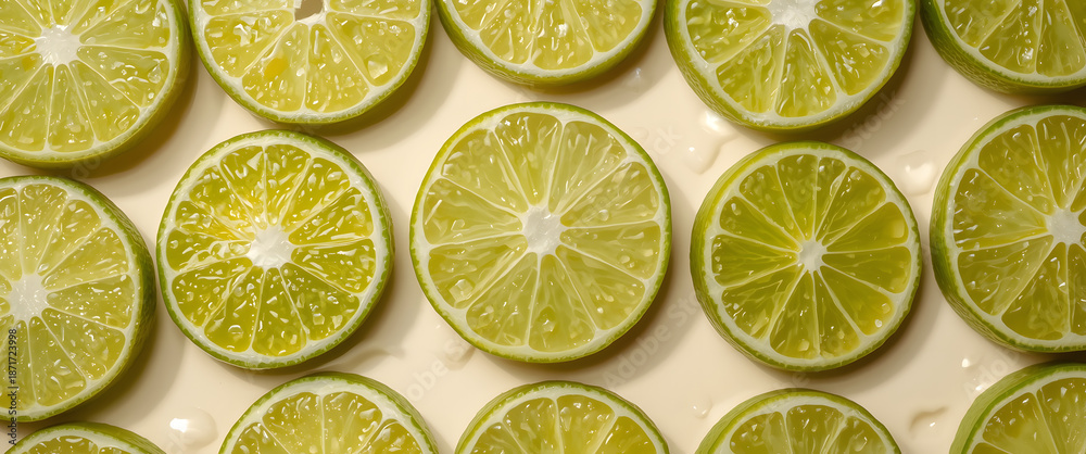 Fototapeta premium Lime Slices: A captivating arrangement of freshly sliced limes, their vibrant green hue and intricate patterns showcased in exquisite detail.