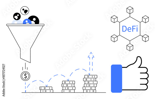 Decentralized finance. DeFi network, fund funnel, financial growth with coins, and approval concept. Decentralized finance for blockchain, fintech, investments, transactions startups