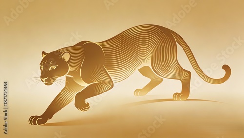 Elegant Golden Paper-Cut Illustration of a Prowling Panther