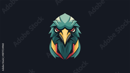 Intense eagle head illustration with sharp features and vibrant colors against dark background.
