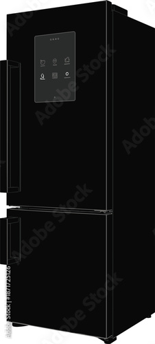 Black refrigerator with touchscreen panel on door fridge appliance kitchen