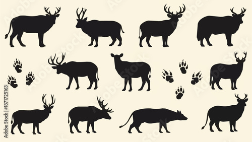 Collection of Deer and Animal Silhouettes with Paw Prints.