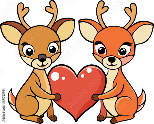 Adorable cartoon illustration featuring a sweet pair of young deer or fawns with small antlers holding a large red heart together symbolizing love affection and deep romantic connection perfect for 
