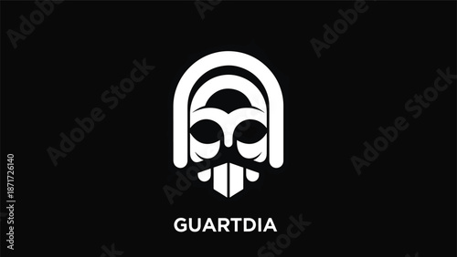 Minimalist white logo design of a stylized face with a beard on black background.