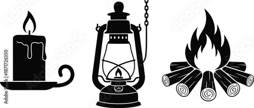 Vintage light source silhouette icons set, candle oil lantern and campfire symbols, black energy illumination outdoor survival lighting vector illustration