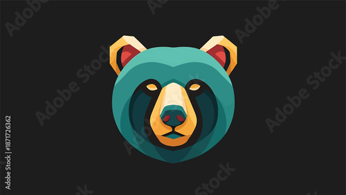 Stylized bear head illustration with vibrant colors and geometric shapes on dark background.
