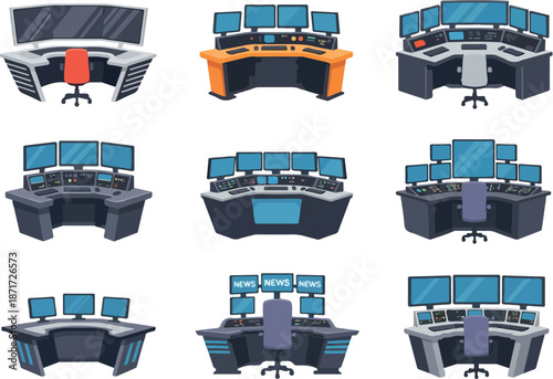Control Room Operator Stations Surveillance, Monitoring, and News Desk Vector Set