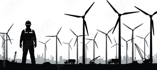 Wind energy construction site with engineer silhouette, renewable power turbines, clean electricity infrastructure, sustainable industry landscape illustration