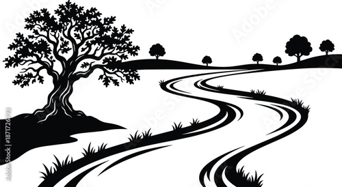 Winding road landscape silhouette with lonely tree, peaceful countryside nature scene, rural horizon illustration, minimal black white background