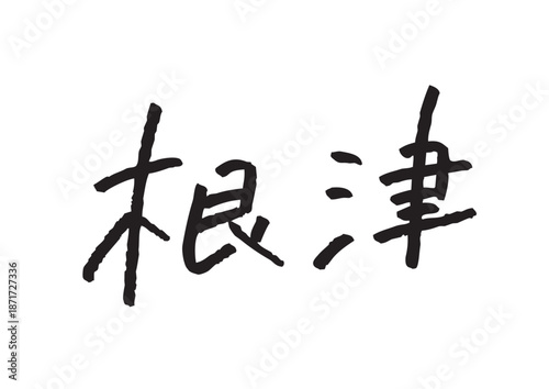 手書き風筆記体で書かれた『根津』の雑誌風デザイン文字｜根津, 日本語表記, 漢字, 筆記体, 手書き