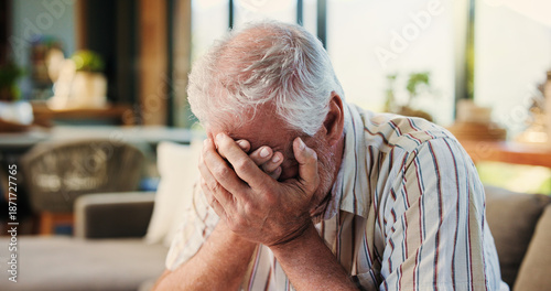 Foto House, sad and old man on couch, crying and grief with mental health, emotional and loss