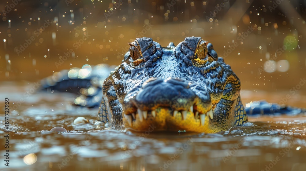 Fototapeta premium Close-Up of a Crocodile Emerging from Water, Showcasing Scales, Eyes, and Texture in Nature, Captivating Wildlife Photograph with Dramatic Lighting and Splashes