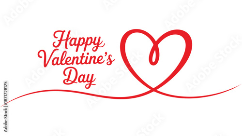 Happy valentine’s day elegant red heart line art with flowing curve and hand lettering isolated on white background romantic love greeting design