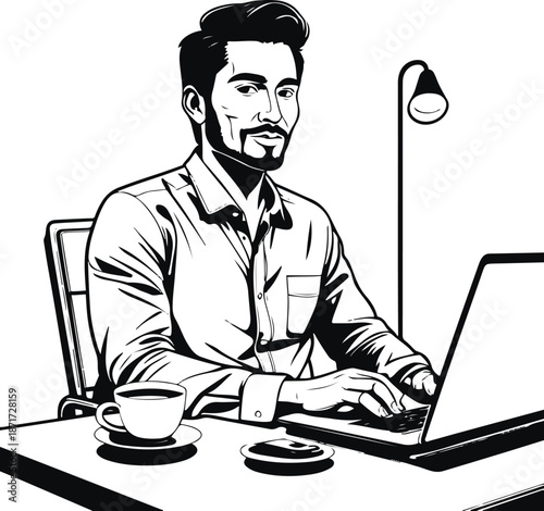 Continuous line art of a professional freelancer working remotely with laptop and coffee, modern lifestyle concept, black and white vector