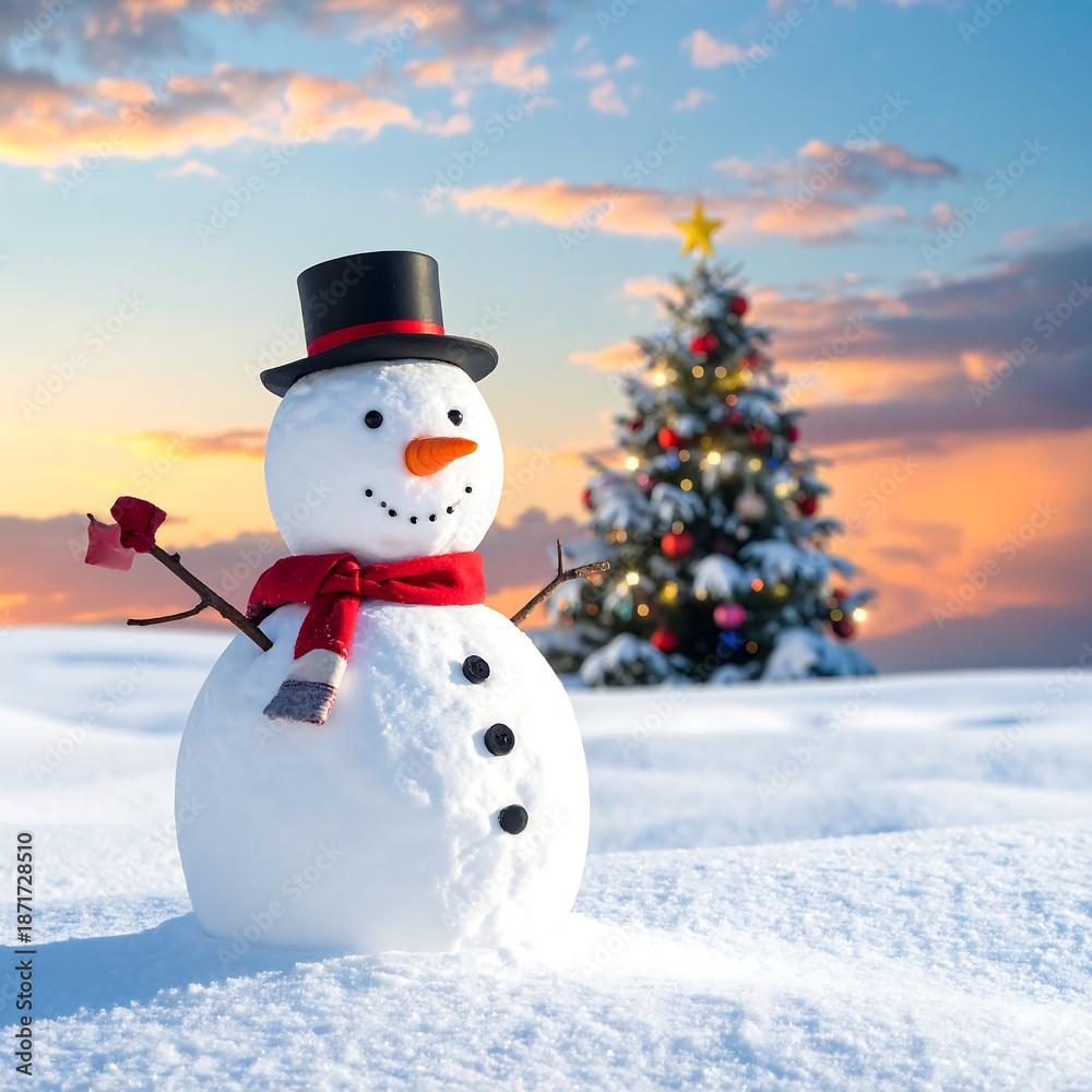 Obraz premium A snowman stands before a decorated tree, sunset backdrop