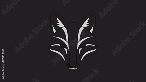 Minimalist wolf face design on black background, artistic and modern representation.