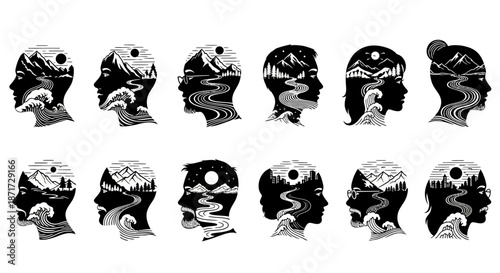 Black and white human face profiles.