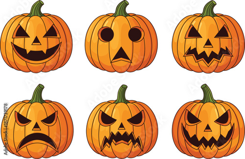 Set of Halloween jack-o’-lantern pumpkins with various carved faces illustrated in spooky festive cartoon vector style
