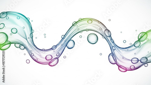 Abstract swirling wave of translucent liquid with colorful bubbles and gradients of blue purple and green on a white background with water and flow