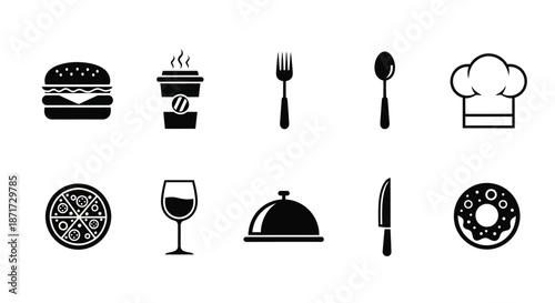 Food and drink icons on white.