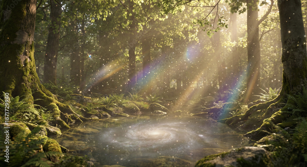 Fototapeta premium Enchanted Forest Sunbeams and Mystic Pool, Magical Nature Background